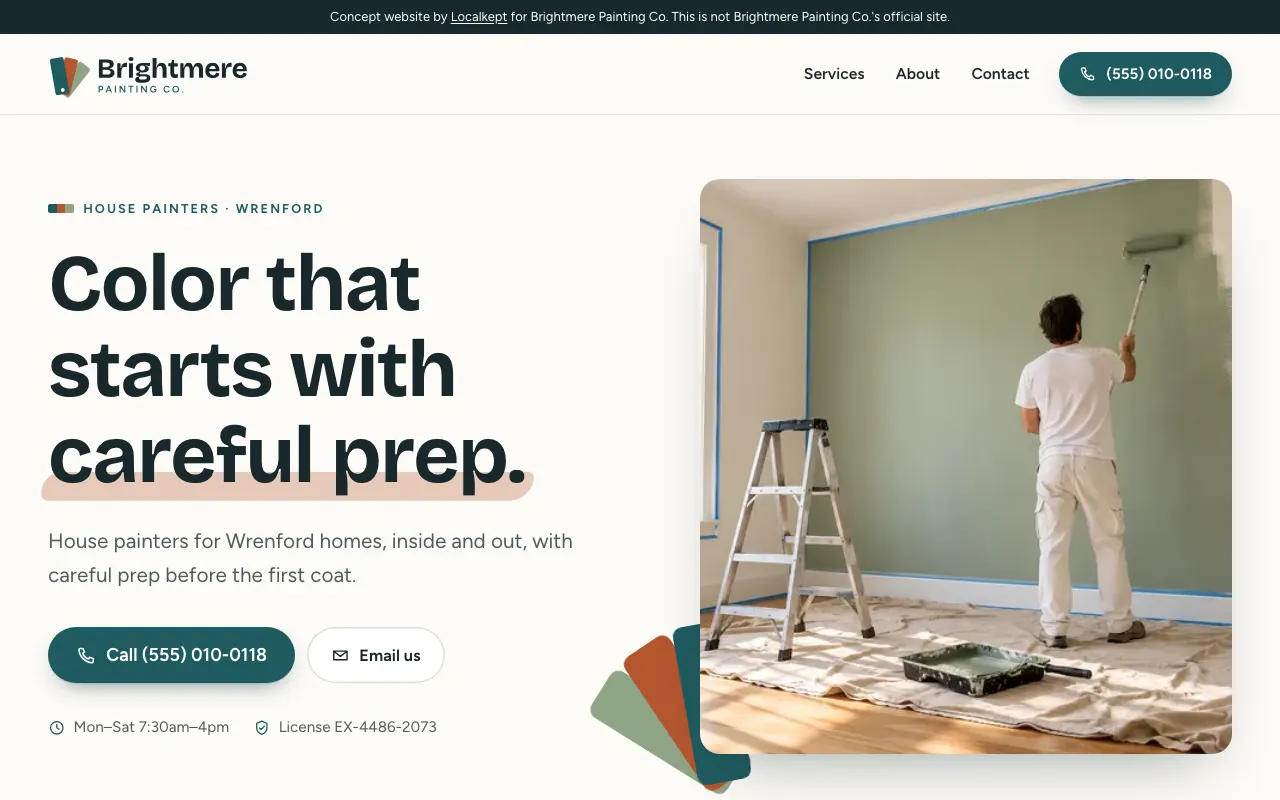 The home page of Brightmere Painting Co., a fictional sample business.