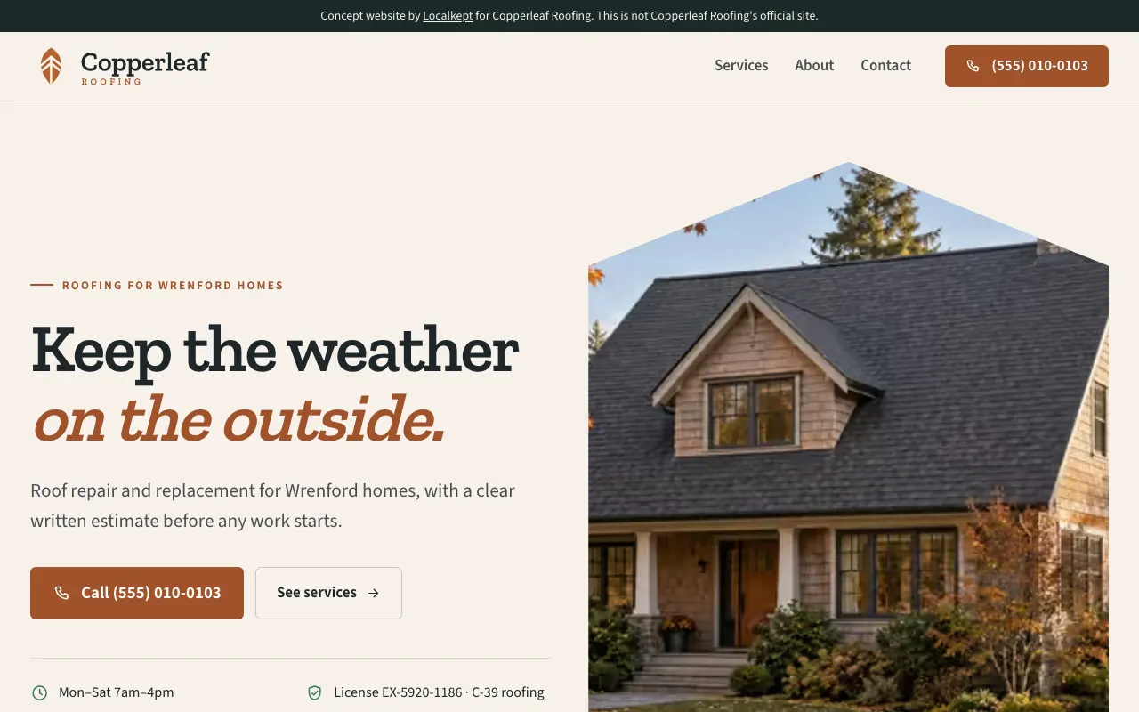 The top of the home page of Copperleaf Roofing, a fictional sample business, on a computer screen.
