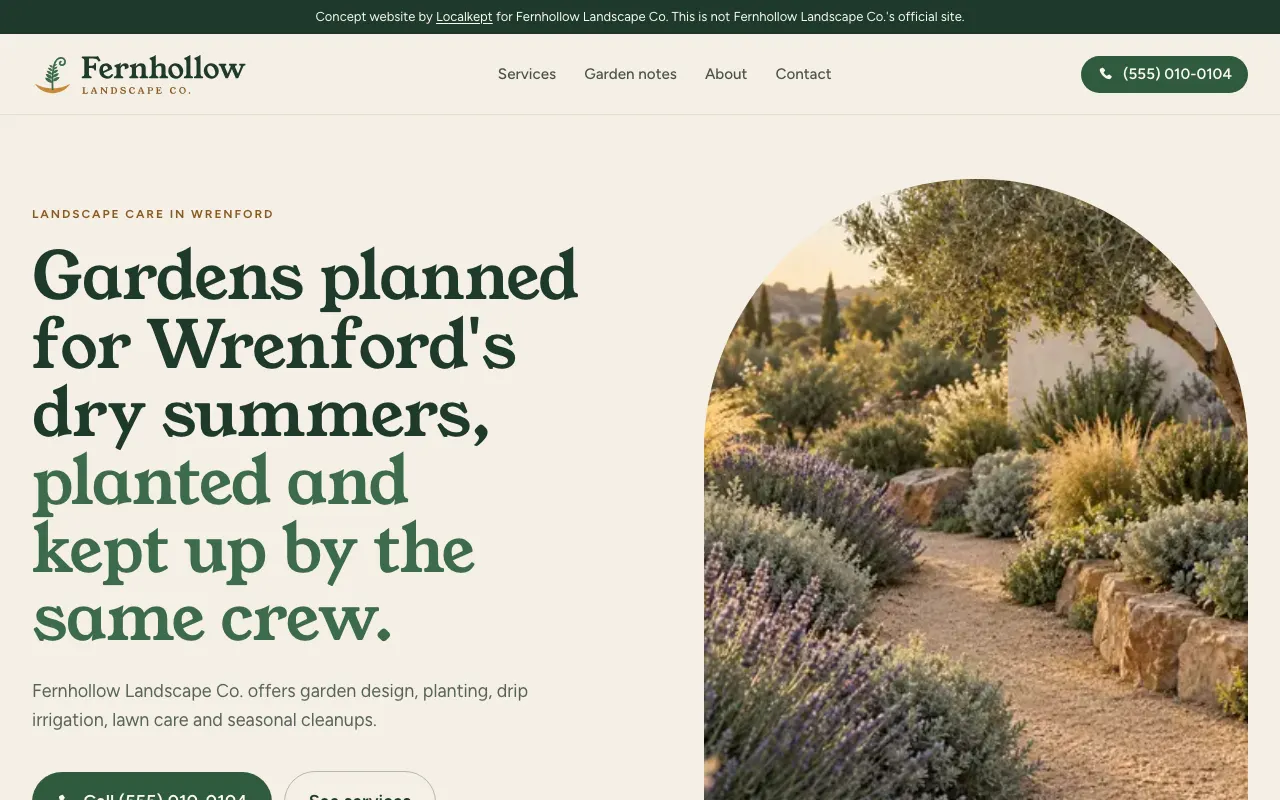 The top of the home page of Fernhollow Landscape Co., a fictional sample business, on a computer screen.