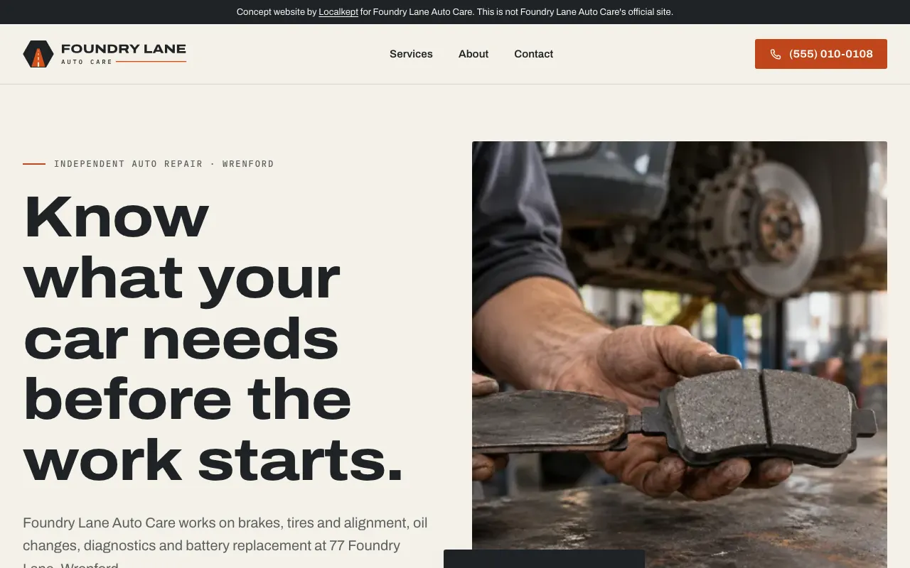 The top of the home page of Foundry Lane Auto Care, a fictional sample business, on a computer screen.