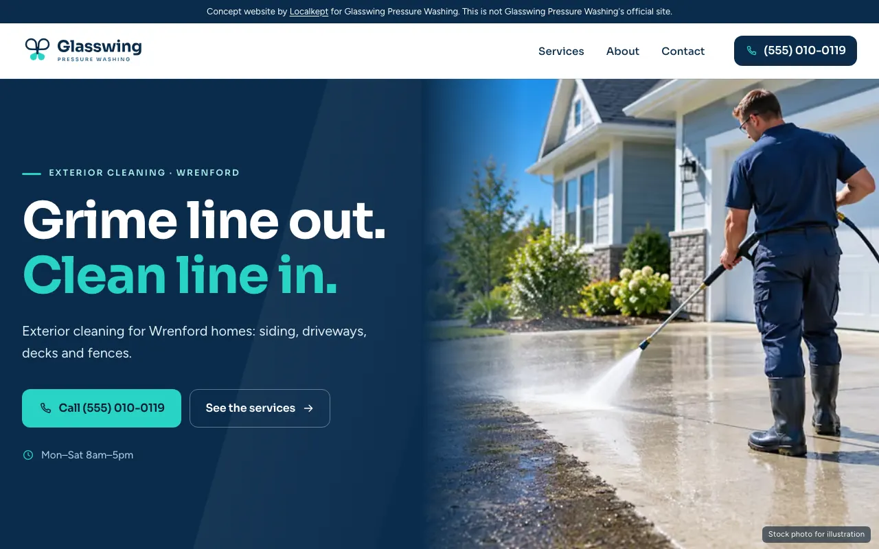 The home page of Glasswing Pressure Washing, a fictional sample business.