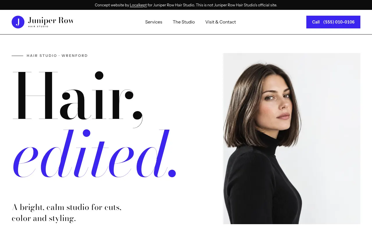 The top of the home page of Juniper Row Hair Studio, a fictional sample business, on a computer screen.