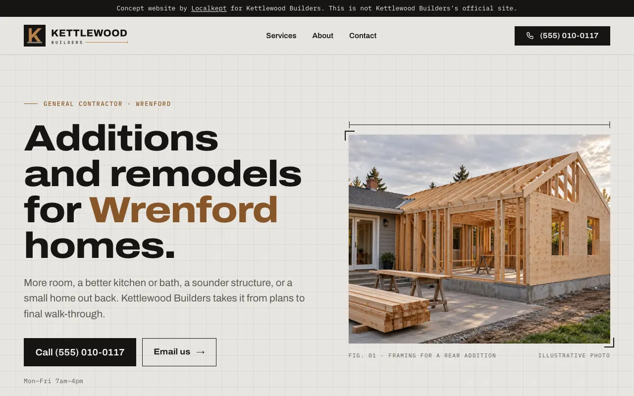 The home page of Kettlewood Builders, a fictional sample business.
