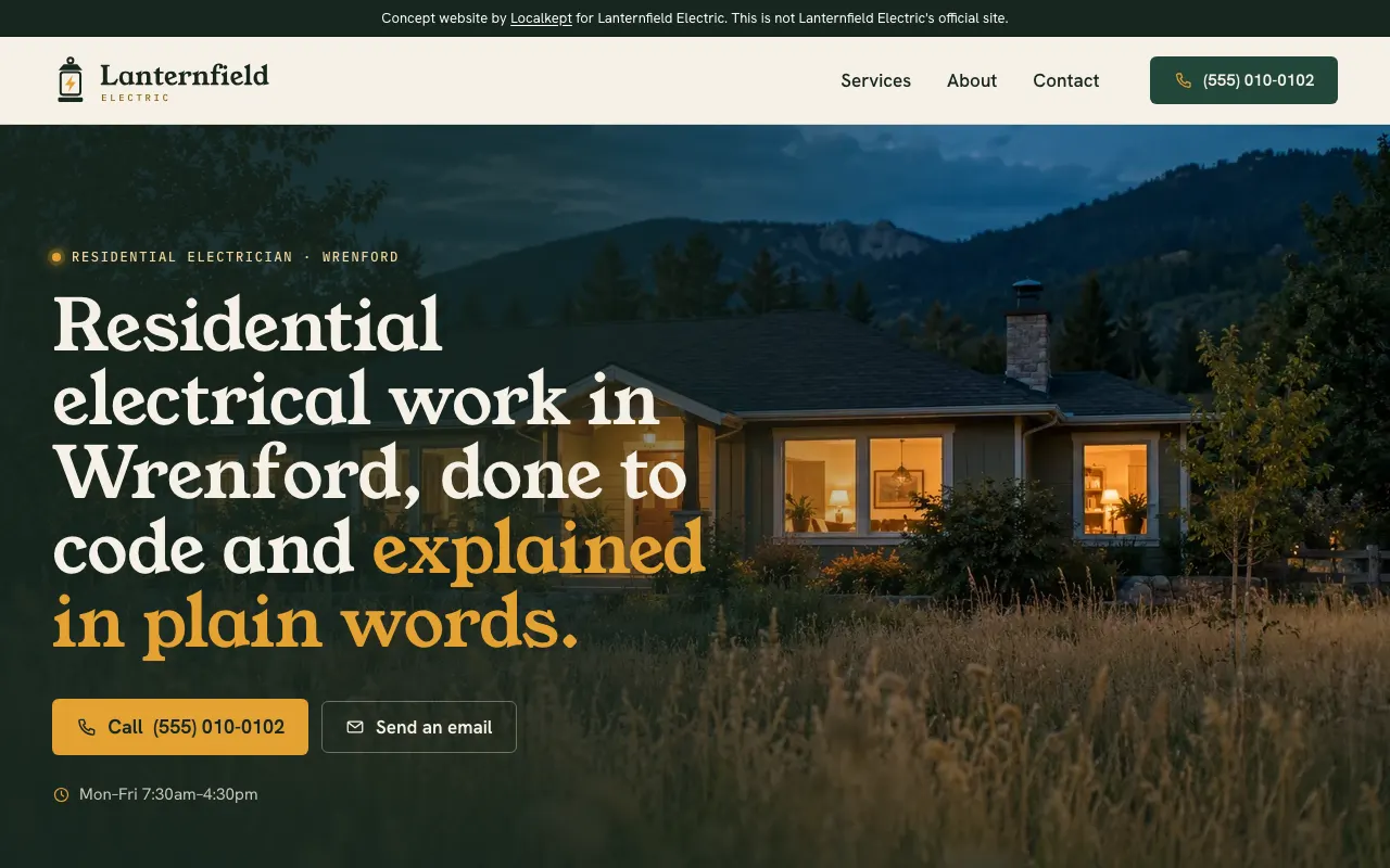 The top of the home page of Lanternfield Electric, a fictional sample business, on a computer screen.