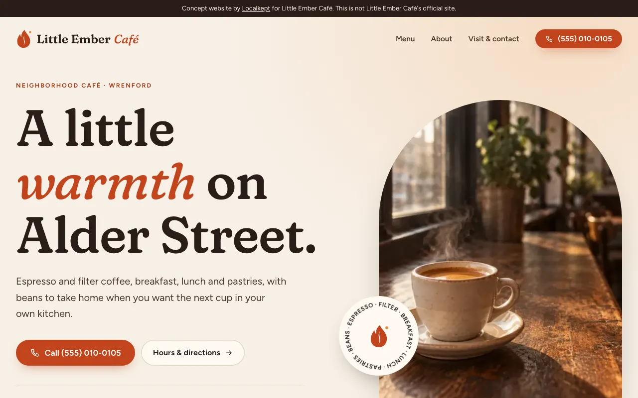 The top of the home page of Little Ember Café, a fictional sample business, on a computer screen.