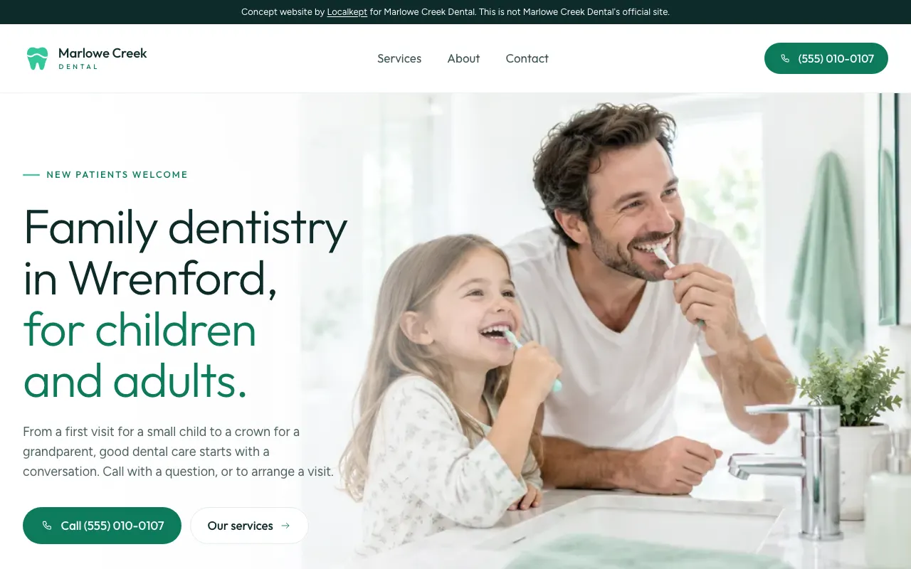 The top of the home page of Marlowe Creek Dental, a fictional sample business, on a computer screen.