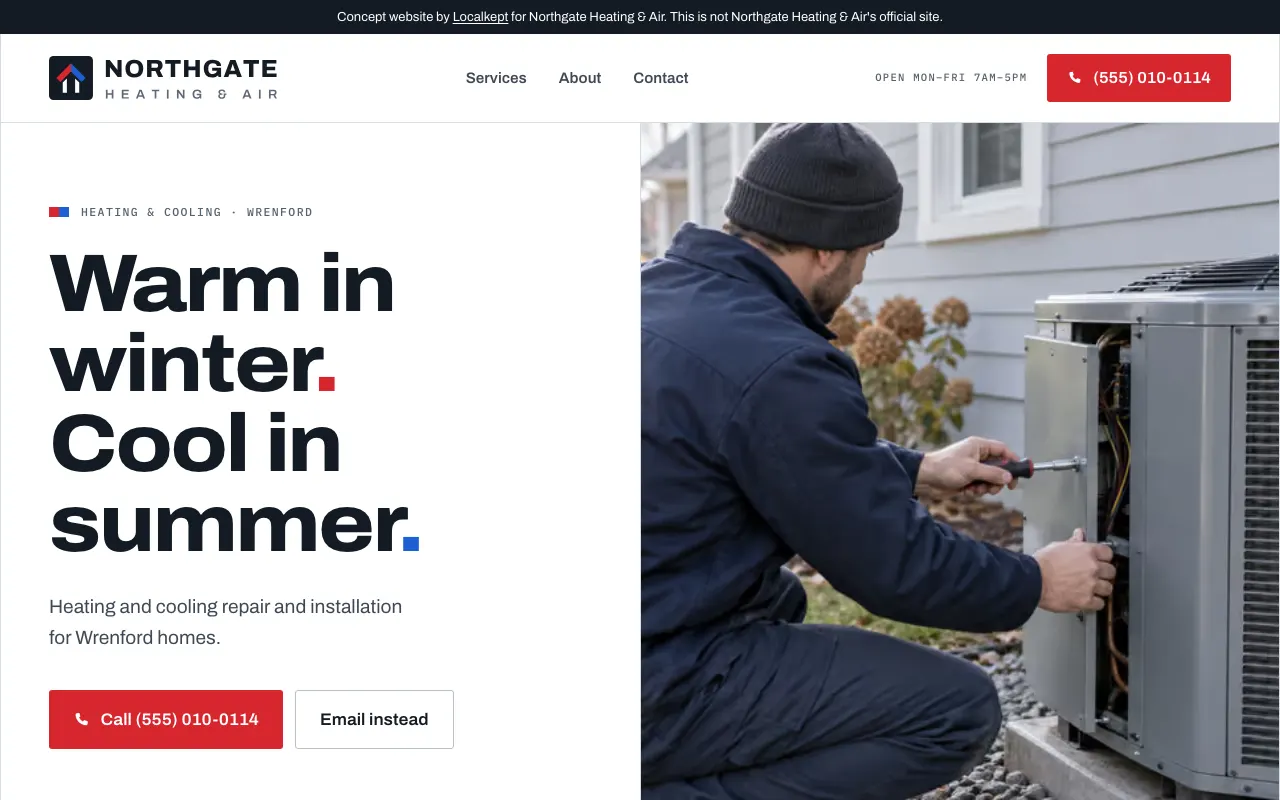 The top of the home page of Northgate Heating & Air, a fictional sample business, on a computer screen.