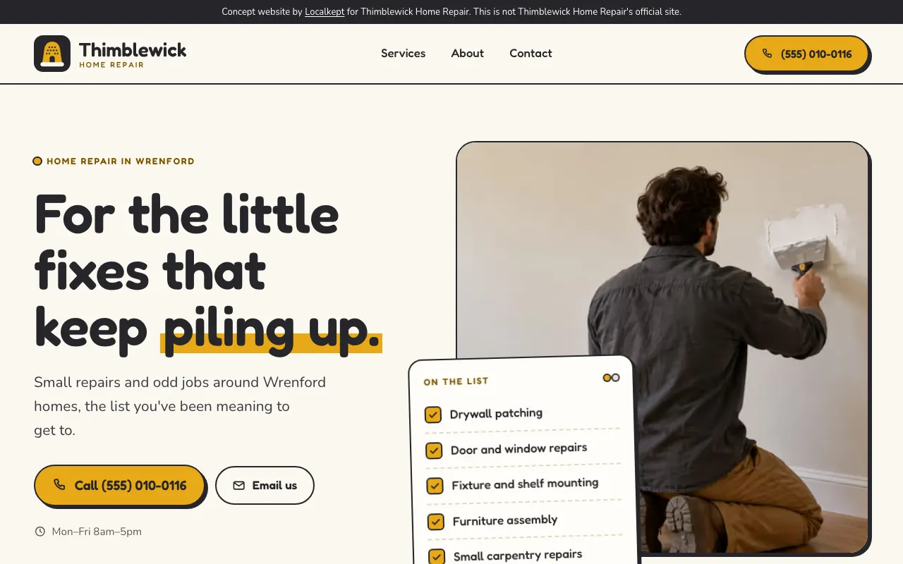 The home page of Thimblewick Home Repair, a fictional sample business.