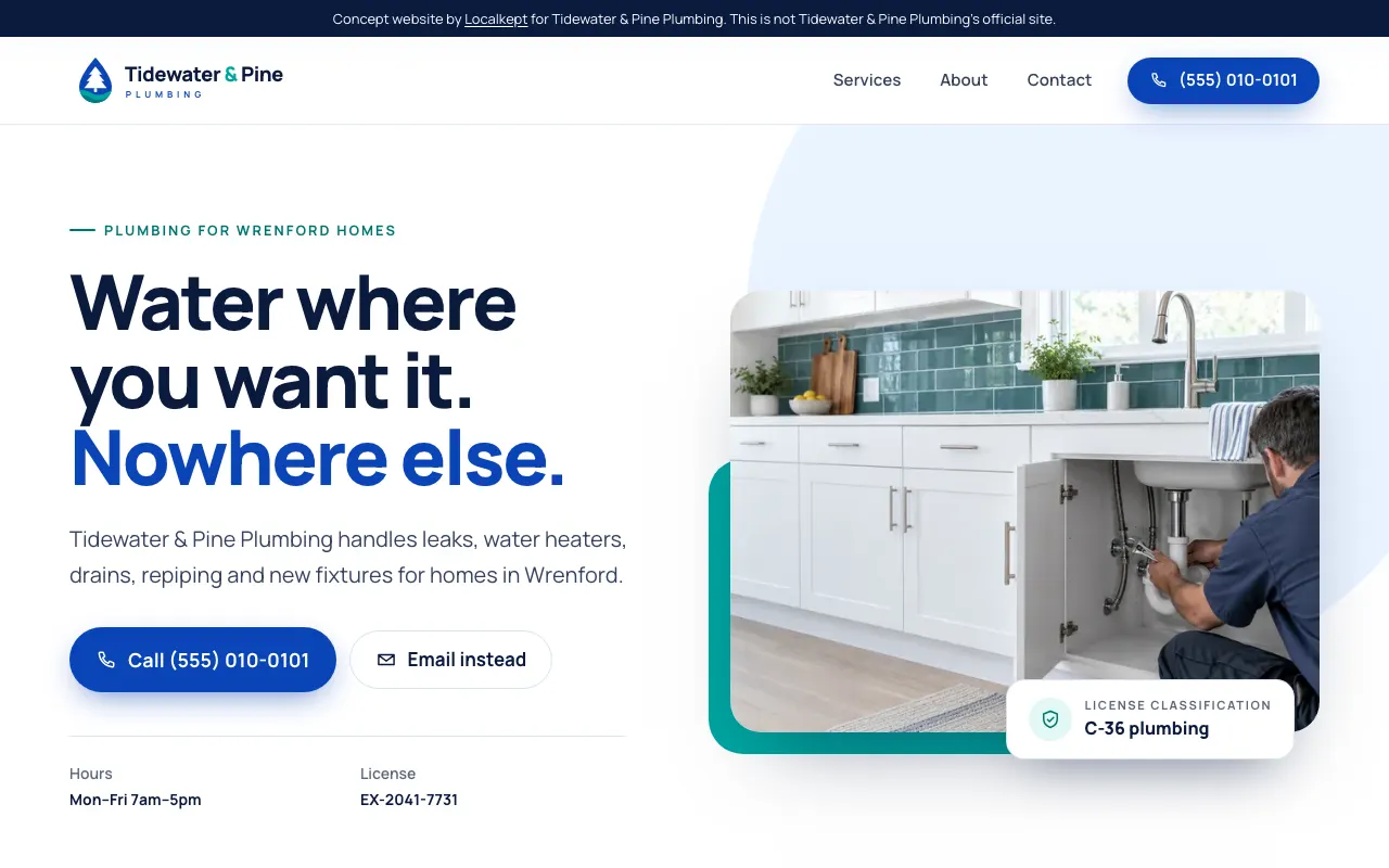 The home page of Tidewater & Pine Plumbing, a fictional sample business.